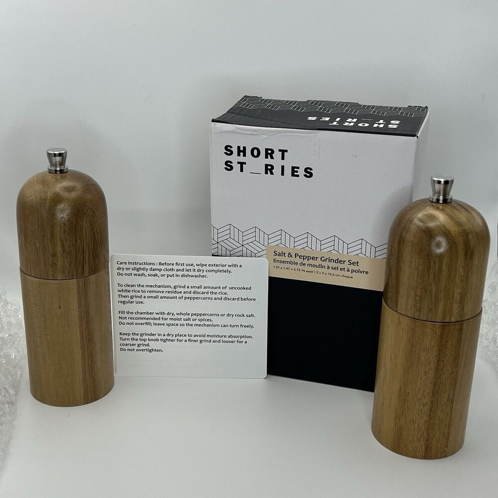 Short Stories Acacia Wood Salt Pepper Grinder Mill Set Stainless Steel NEW